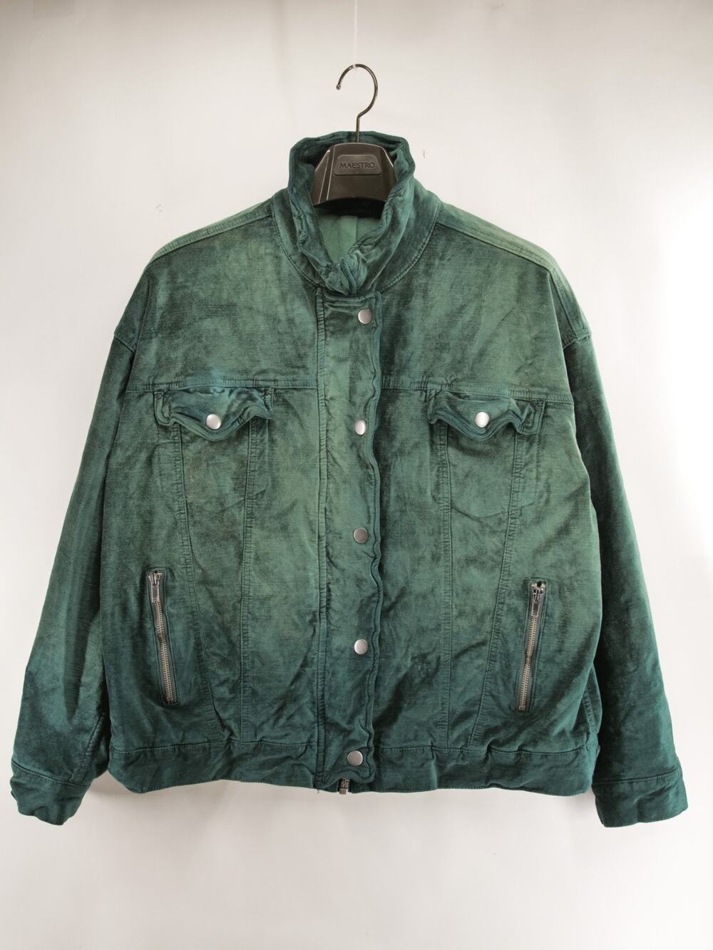 Free People Velvet Trucker Jacket Women M/L Forest Green Full Zip Snap Oversized